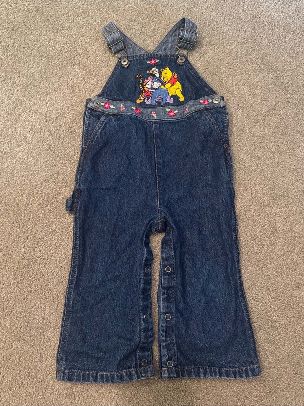 Disney Winnie the Pooh Denim Overall One-Piece Blue Embroidered Floral Snap 18mo
